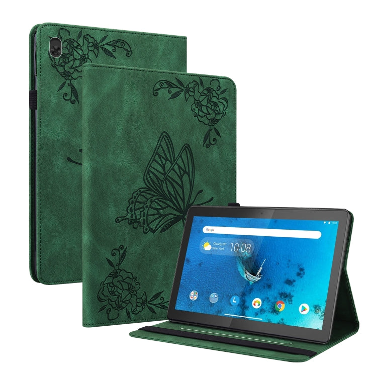 Green embossed folio tablet case with butterfly pattern, tablet inserted on stand