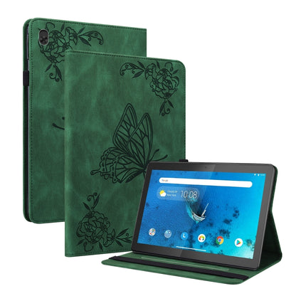 Green embossed folio tablet case with butterfly pattern, tablet inserted on stand