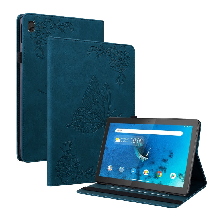 Blue embossed leather tablet case with butterfly-flower embossing and stand