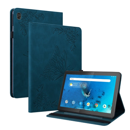 Blue embossed leather tablet case with butterfly-flower embossing and stand