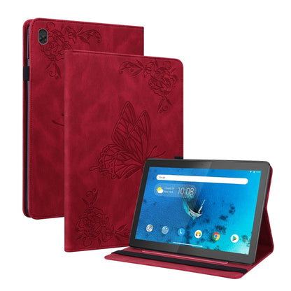 Red embossed leather tablet case with butterfly-flower embossing and tablet stand