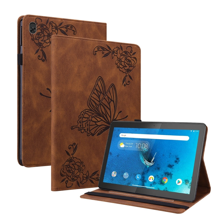 Brown butterfly-and-flower embossed leather tablet case, front cover open on stand