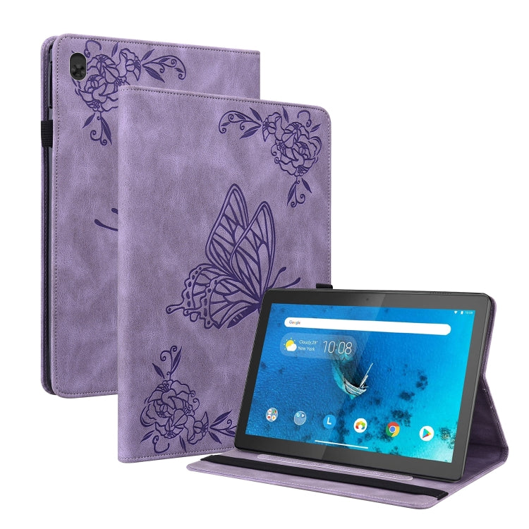 Purple butterfly-and-flower embossed leather tablet case, front cover open on stand