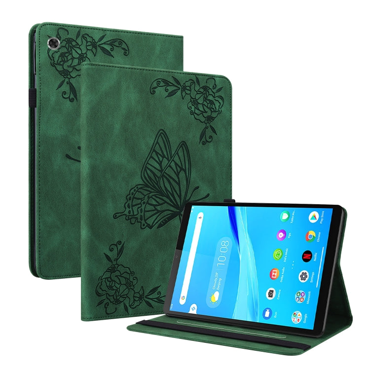 Green embossed folio tablet case with butterfly pattern, tablet displayed on kickstand