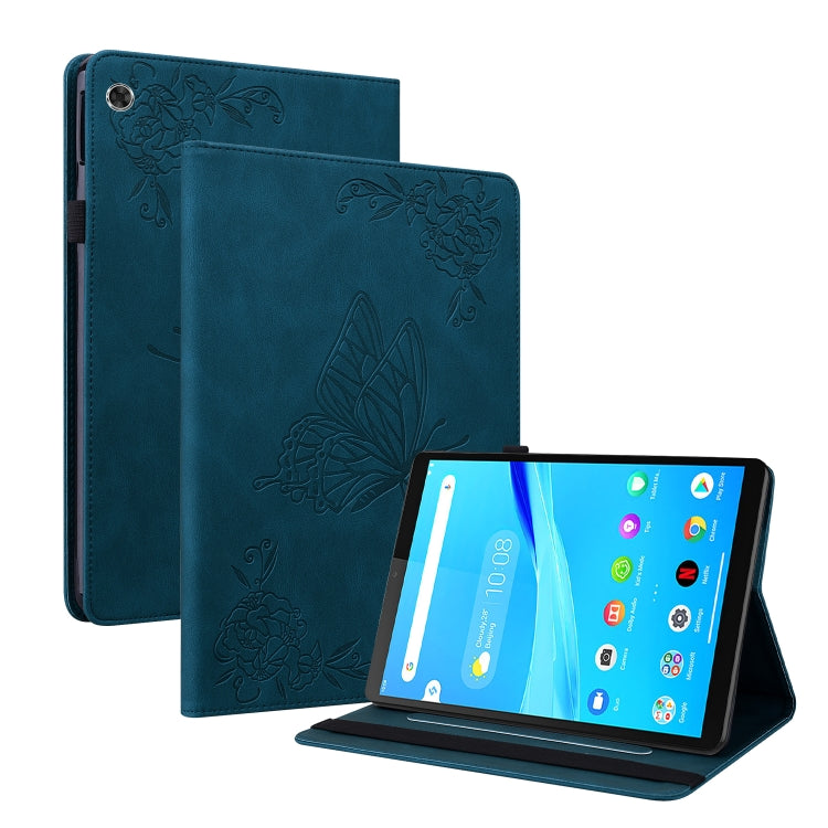 Blue embossed leather tablet case with butterfly-flower design and kickstand