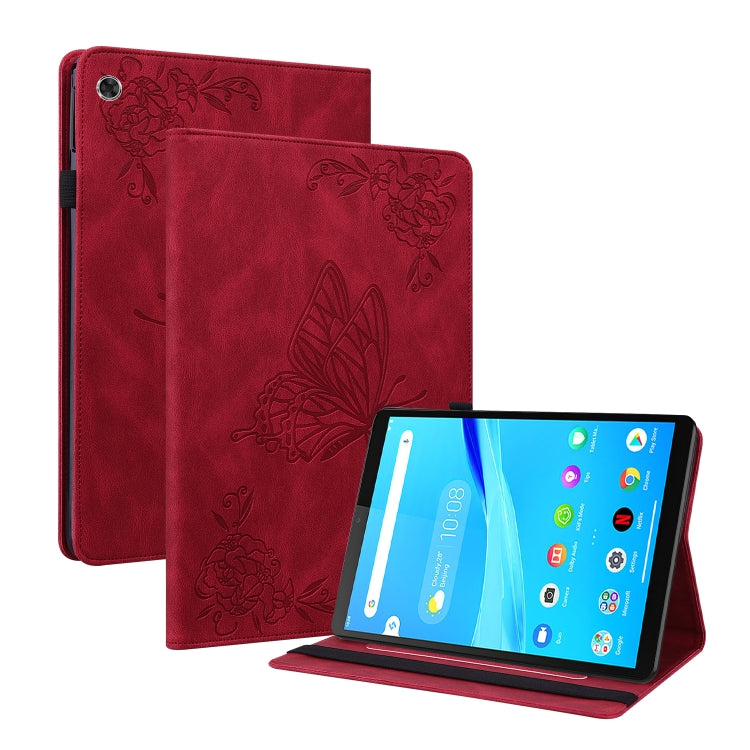 Red embossed leather tablet case with butterfly-flower design and kickstand