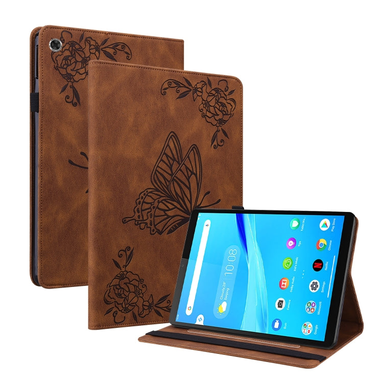 Brown embossed leather tablet case with butterfly motif, front cover open on stand