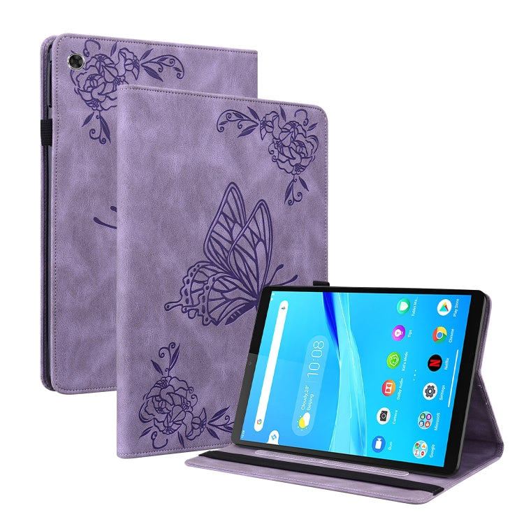 Purple embossed butterfly-flower leather tablet folio case with kickstand, tablet shown