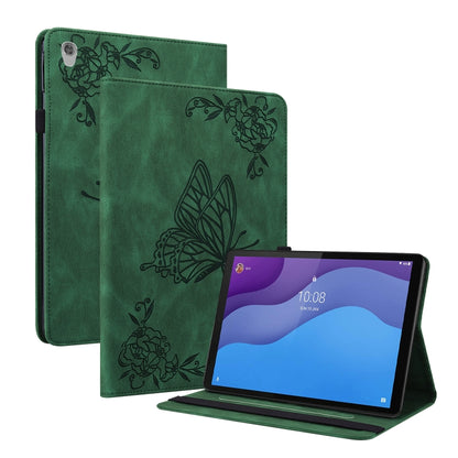 Green embossed folio tablet case with butterfly embossing, tablet on viewing stand