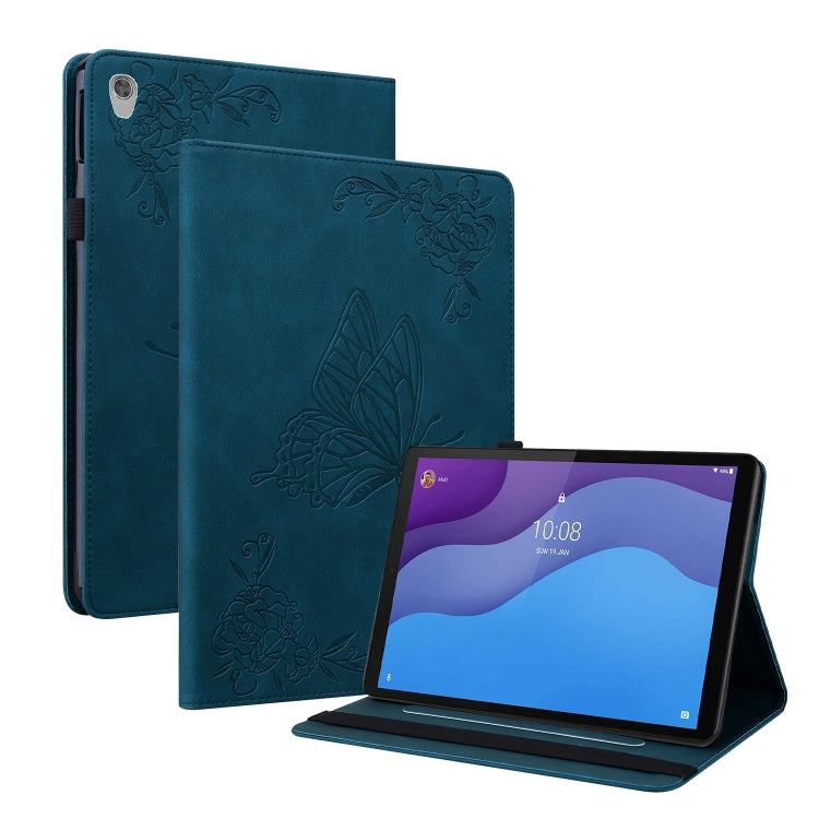 Blue embossed leather tablet case with butterfly-flower embossing and tablet stand