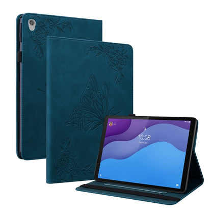 Blue embossed leather tablet case with butterfly-flower embossing and tablet stand