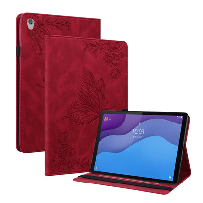 Red embossed leather tablet case with butterfly and flower design, folio stand