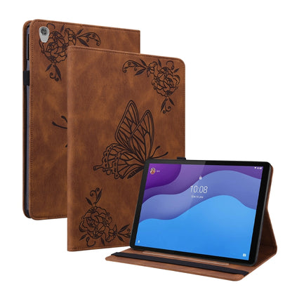 Brown embossed leather tablet case with butterfly and floral embossing, folio stand