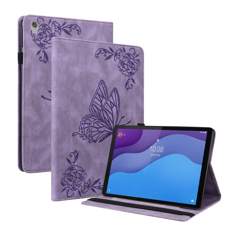 Purple embossed butterfly-flower leather tablet folio case with kickstand, tablet shown