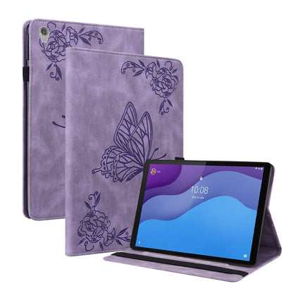Purple embossed butterfly-flower leather tablet folio case with kickstand, tablet shown