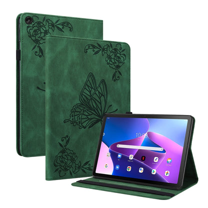 Green embossed folio tablet case with butterfly pattern, tablet shown on stand