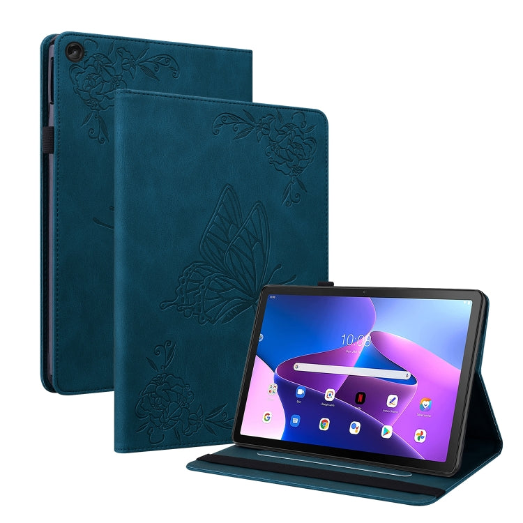 Blue embossed leather tablet case with butterfly-flower embossing and rear cutout