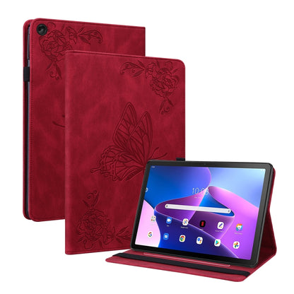Red butterfly-and-flower embossed leather tablet case, front cover open on stand