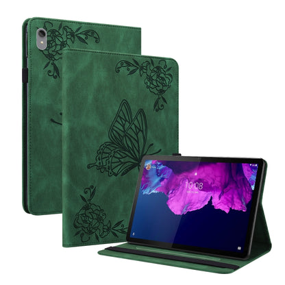 Green embossed leather tablet case with butterfly-flower design and rear camera cutout