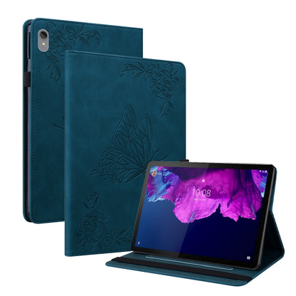 Green embossed leather tablet case with butterfly-flower design and kickstand