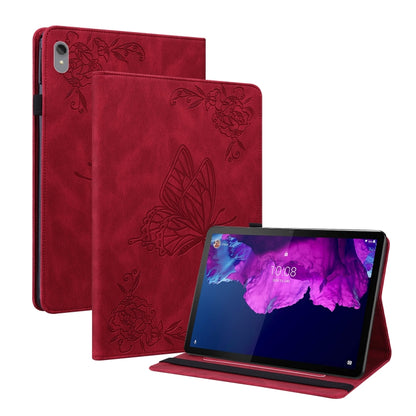 Red embossed leather tablet case with butterfly motif, front cover open on stand