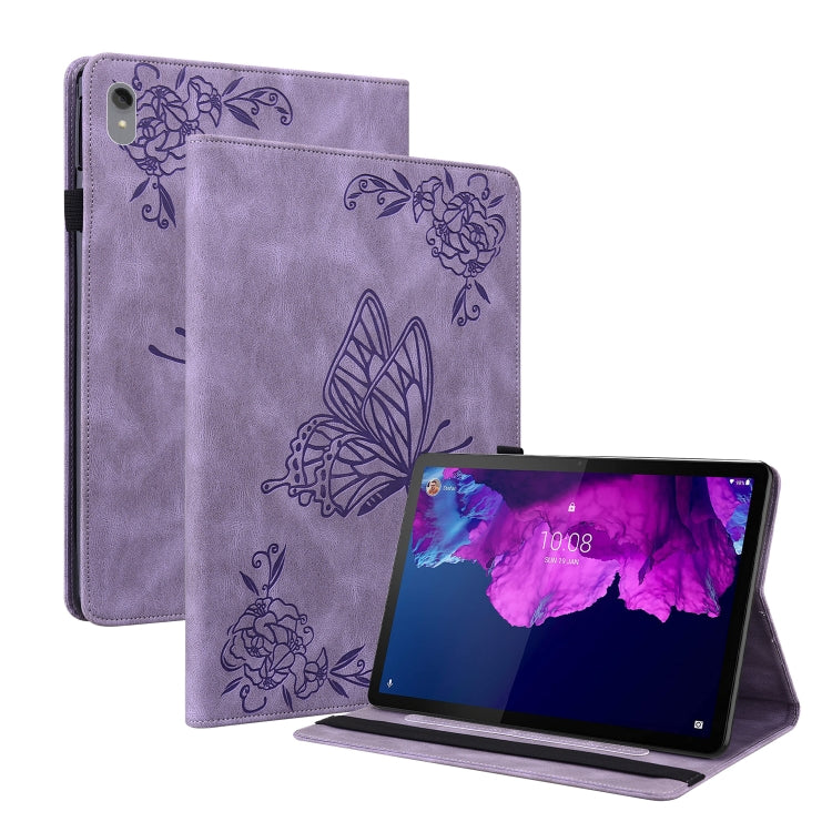 Purple embossed butterfly-flower leather tablet folio case with kickstand, tablet angled