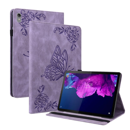 Purple embossed butterfly-flower leather tablet folio case with kickstand, tablet angled