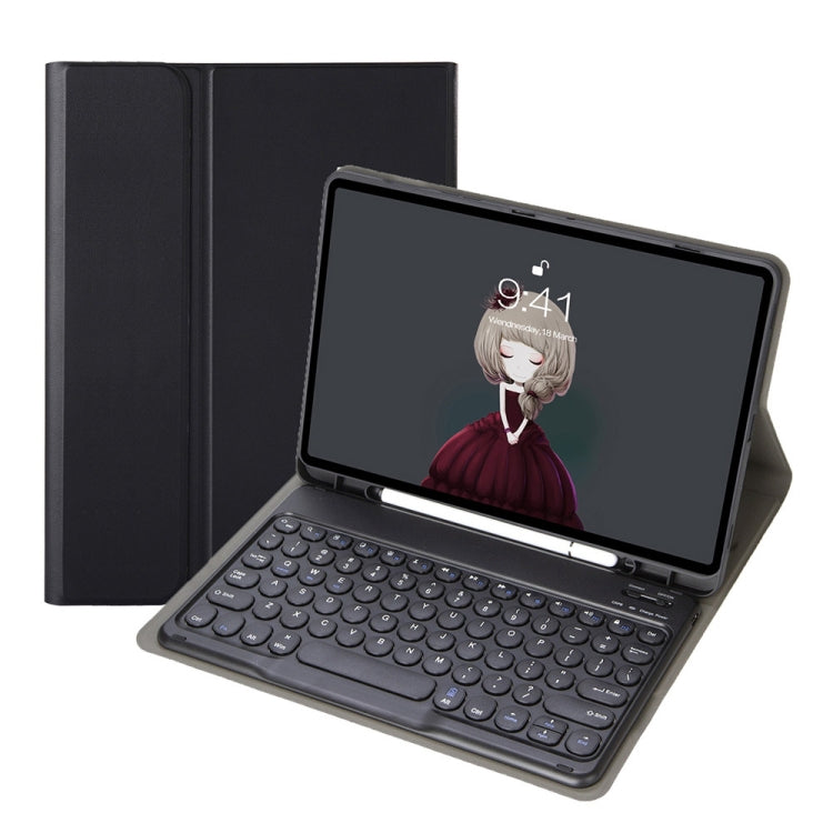 Black leather keyboard case for a tablet with round keycaps and a folio stand