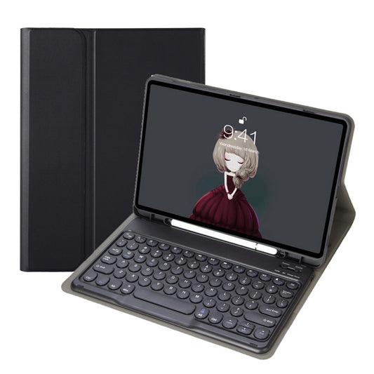 Black leather keyboard case for a tablet with round keycaps and a folio stand