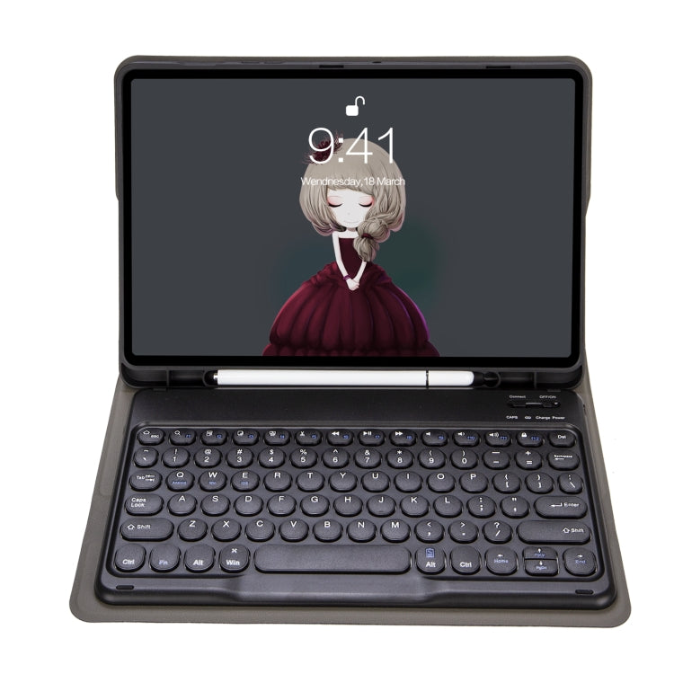Black tablet keyboard leather case with round keycaps and stand-up cover