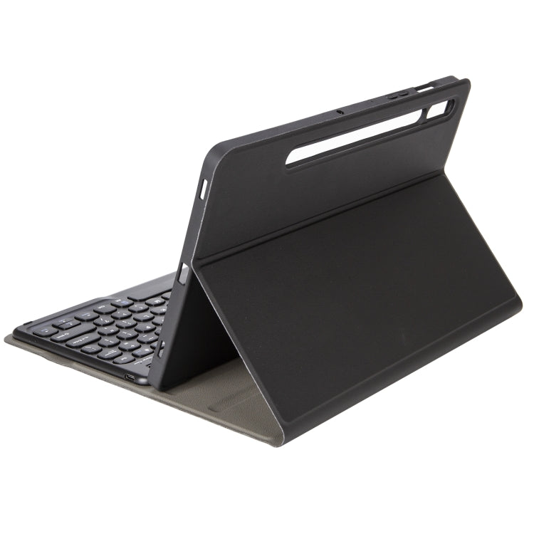 Black leather keyboard case with open folio stand and round keycaps