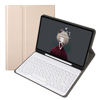Beige leather keyboard case with round keycaps and folio stand