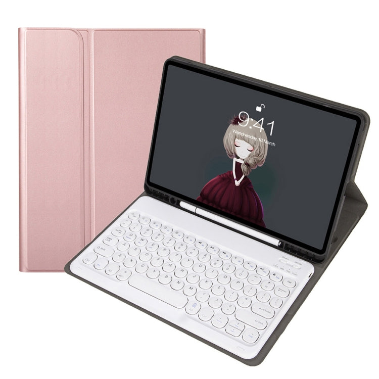 Rose pink leather keyboard case with round keycaps and folio stand
