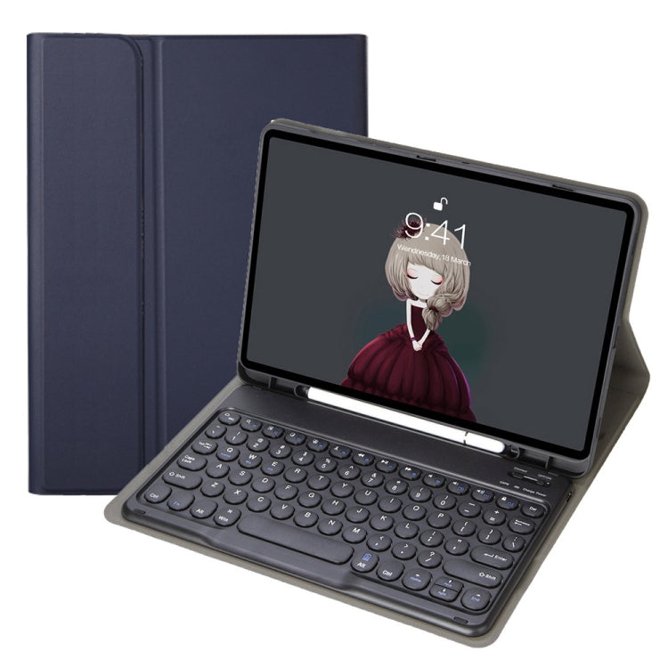 Blue lambskin-texture Bluetooth keyboard leather case with round keycaps, open
