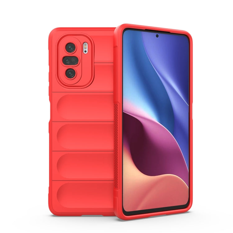 Red TPU flannel phone case with raised protection ridges and access openings for ports.