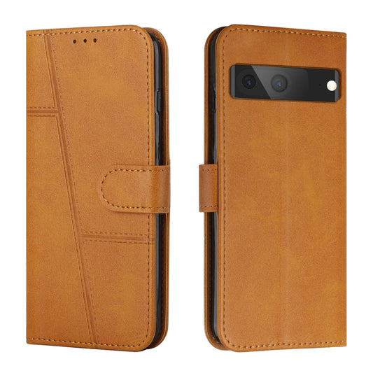 Buckle leather phone case with stitched panels and folding cover, tan finish