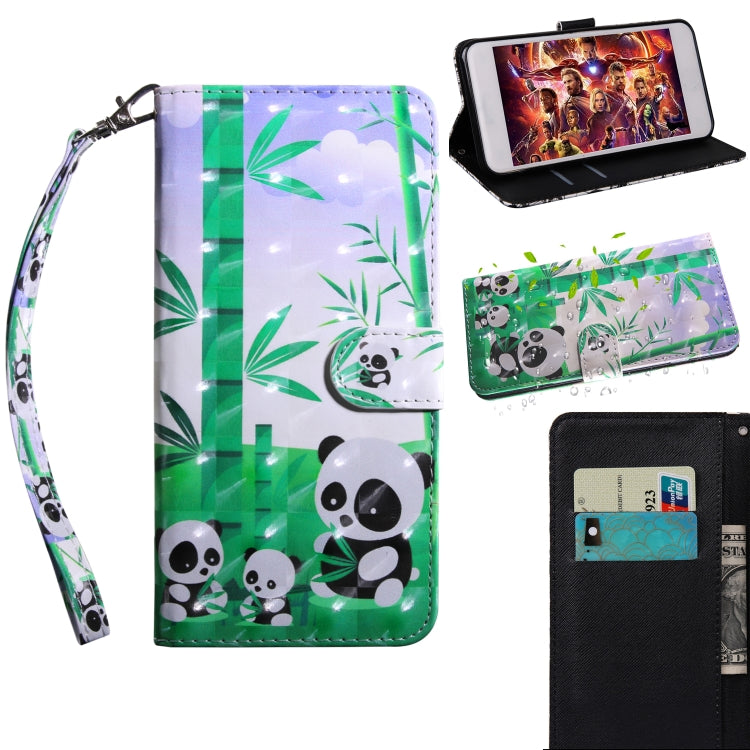 3D painted leather phone case with panda and bamboo pattern, flip cover, wrist strap