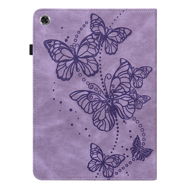 Purple faux leather tablet case with embossed butterfly pattern, front corner camera cutout