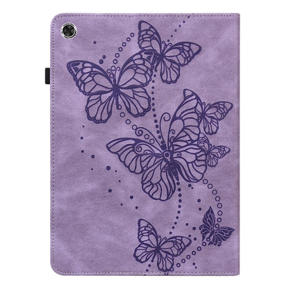 Purple faux leather tablet case with embossed butterfly pattern, front corner camera cutout