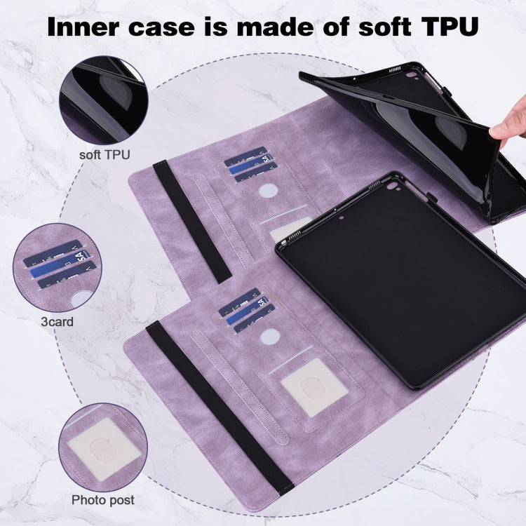 Purple flip tablet case with soft TPU inner card slots and camera cutout
