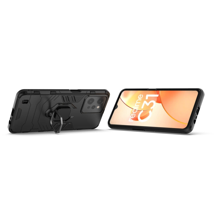 Black magnetic ring holder phone case for OPPO Realme C31, angled front and back