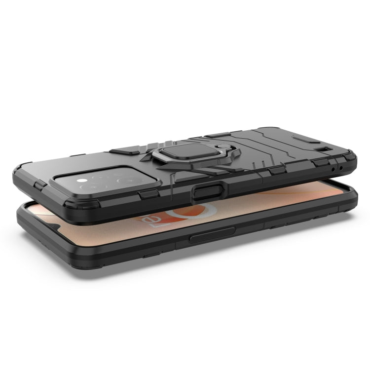 Black magnetic ring holder phone case, top view with port openings and raised cover