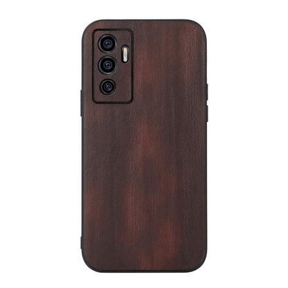 Textured PU phone case in dark brown with cutout for triple cameras and flash