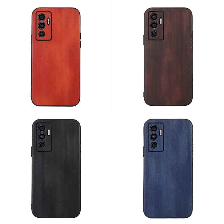Textured PU phone case set: red, dark brown, black, and blue with camera cutouts