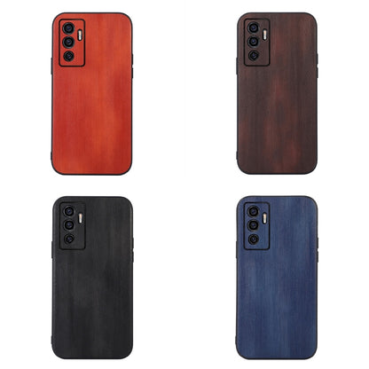 Textured PU phone case set: red, dark brown, black, and blue with camera cutouts
