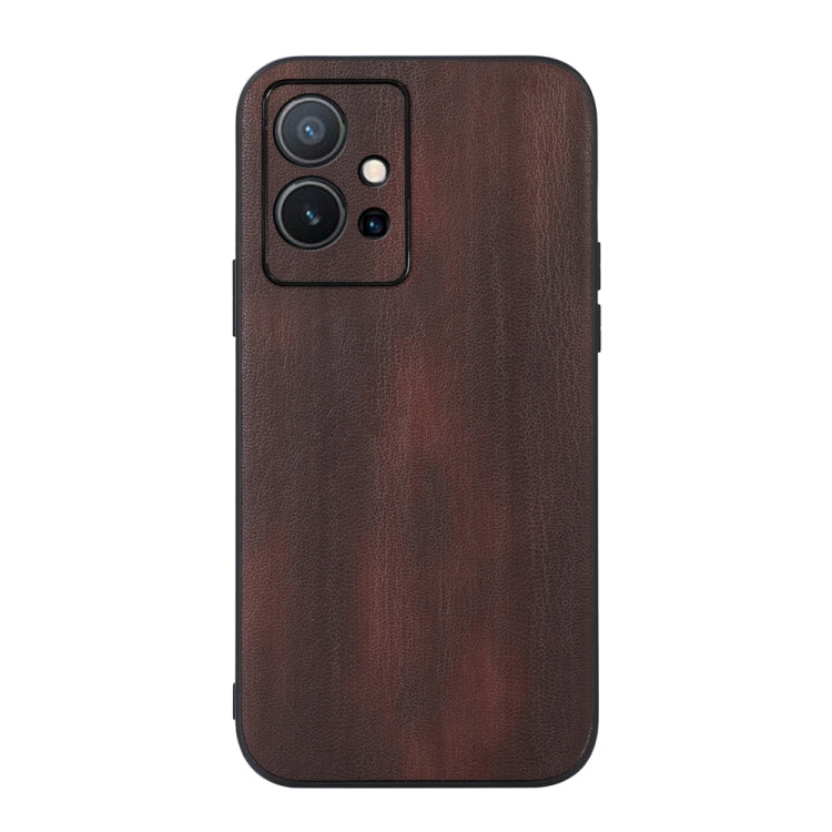 Textured PU phone case in brown with dual camera cutout and flash opening