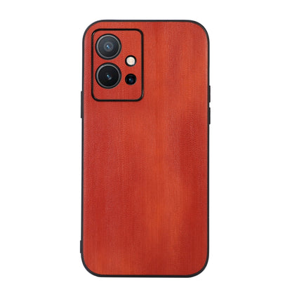 Textured PU phone case with red-brown finish and raised camera cutouts