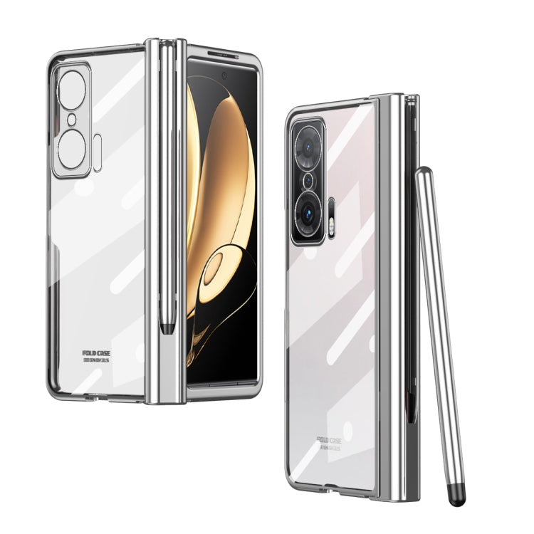 Silver transparent hinge phone case with stylus for foldable phones, camera cutouts