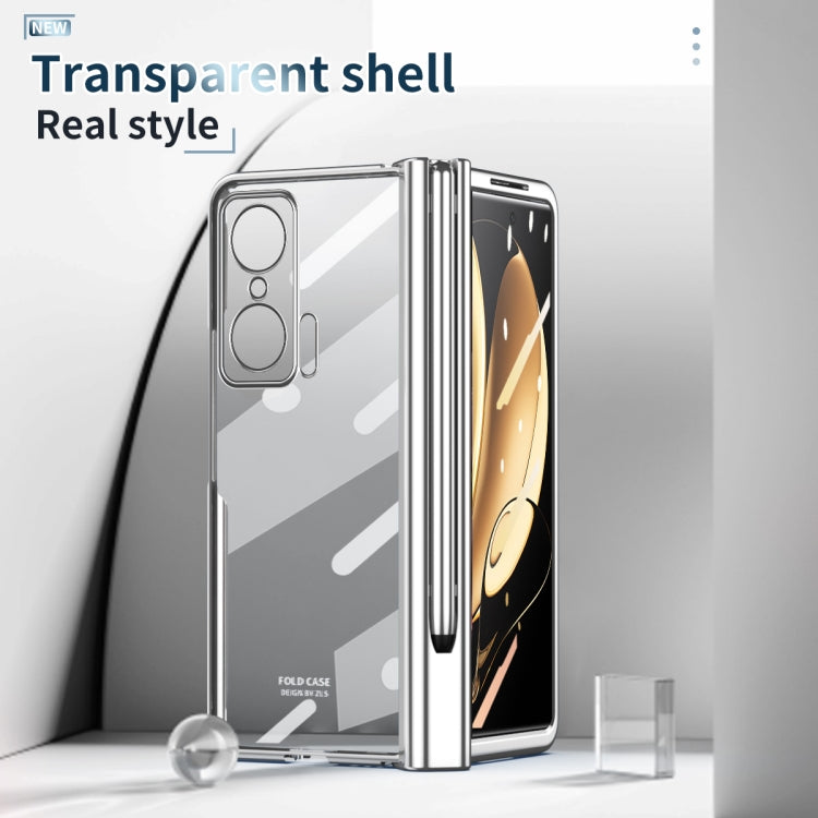 Silver transparent hinge phone case for foldable phones, front and back cover