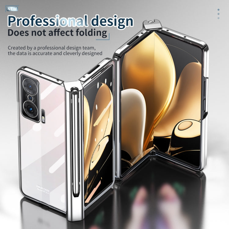 Silver transparent hinge phone case open, showing inner frame and camera cutouts